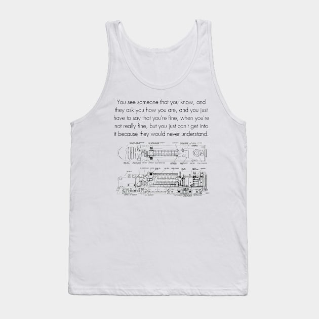 Say Yo're Fine When You're Not Fine Meme Funny Quote Oddcore Weirdcore Train Lover Ironic Tank Top by GrooveGeekPrints